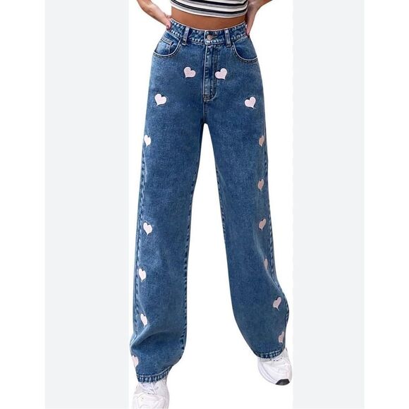 Nice Womens Mom Jeans size XS  High Waisted Straight Wide Leg Jeans Love (hearts - Picture 1 of 6